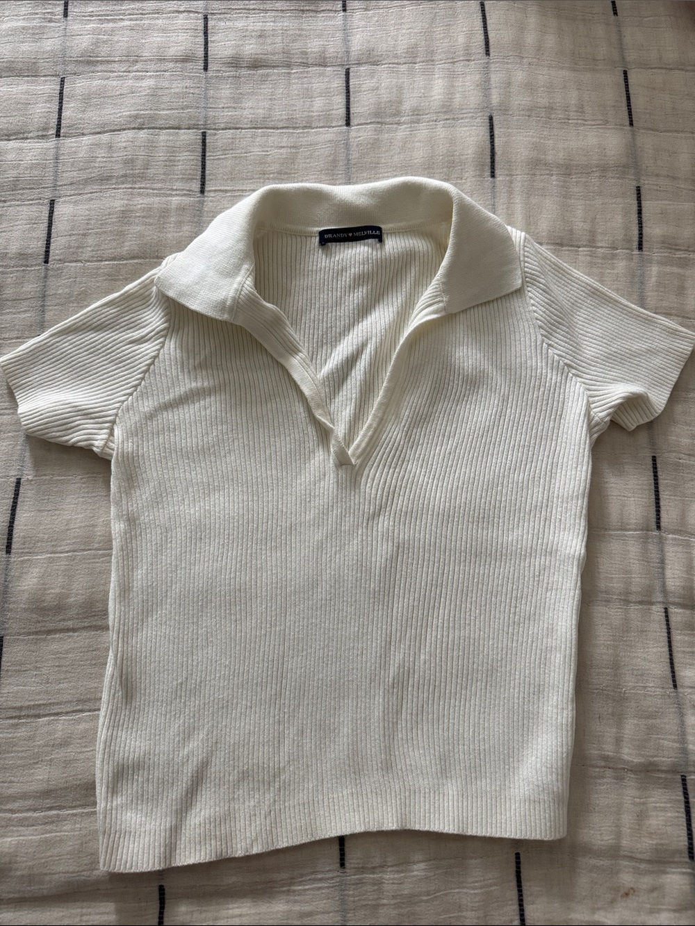 Brandy Melville Cream Ribbed Open-Collar Short Sleeve Polo